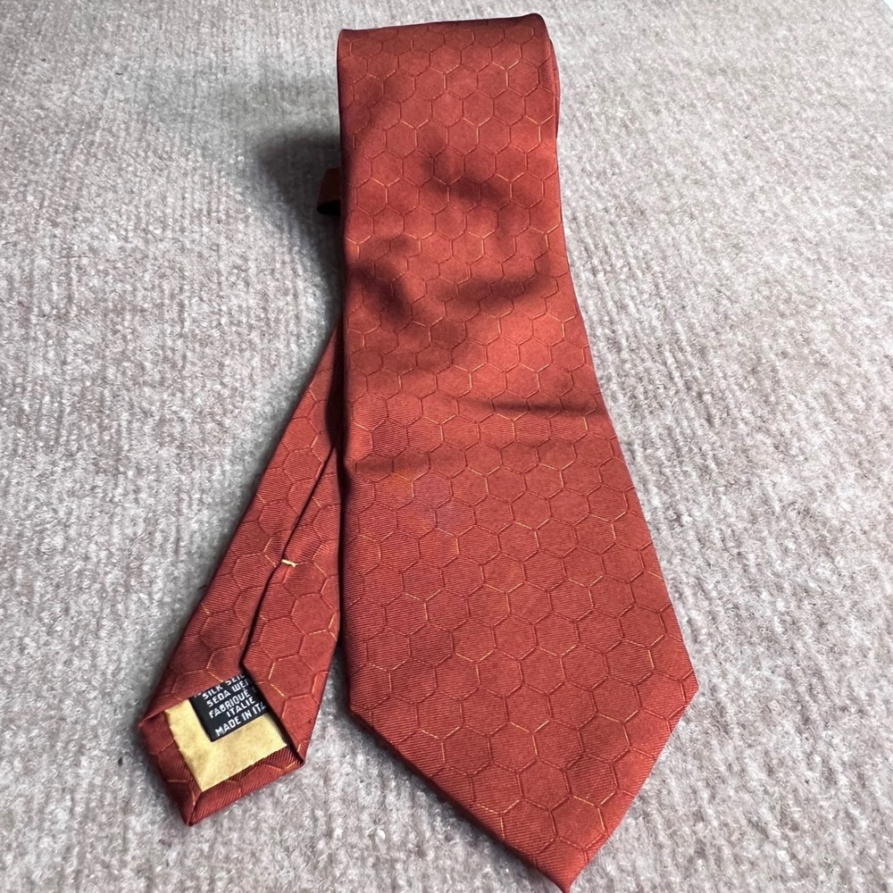 Yves Saint Laurent YSL Silk Tie Orange Hexagon Geometric Made Italy Necktie